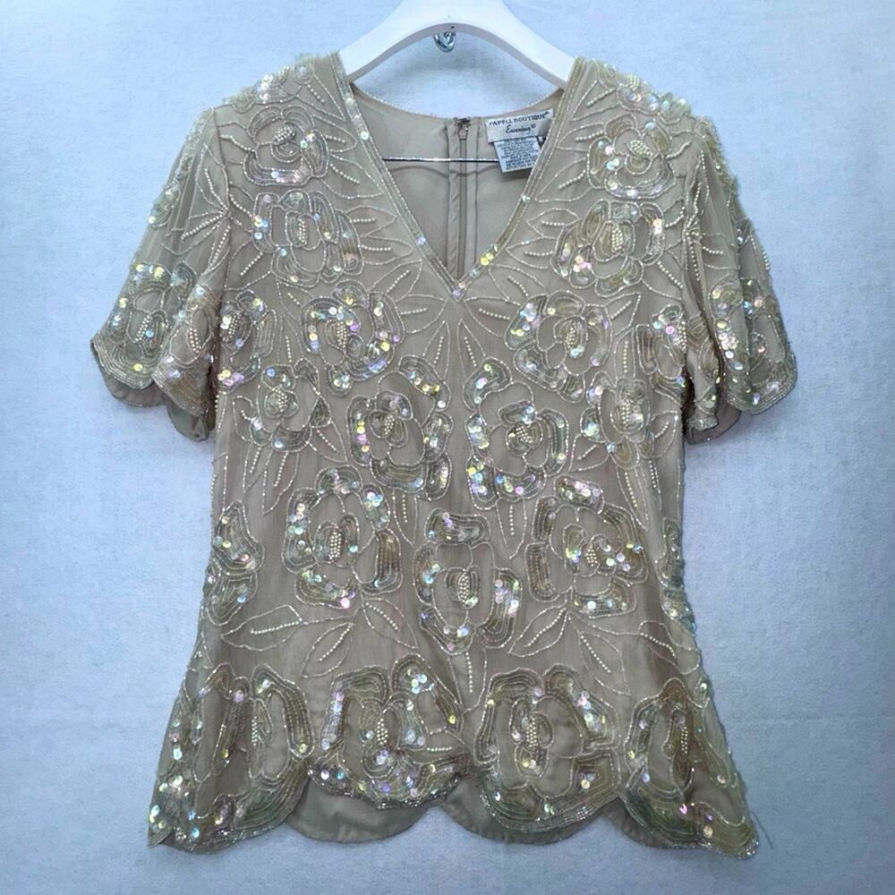 Vintage Women’s EUC Papéll Boutique Beaded Short Sleeve Blouse 100% silk M Cream